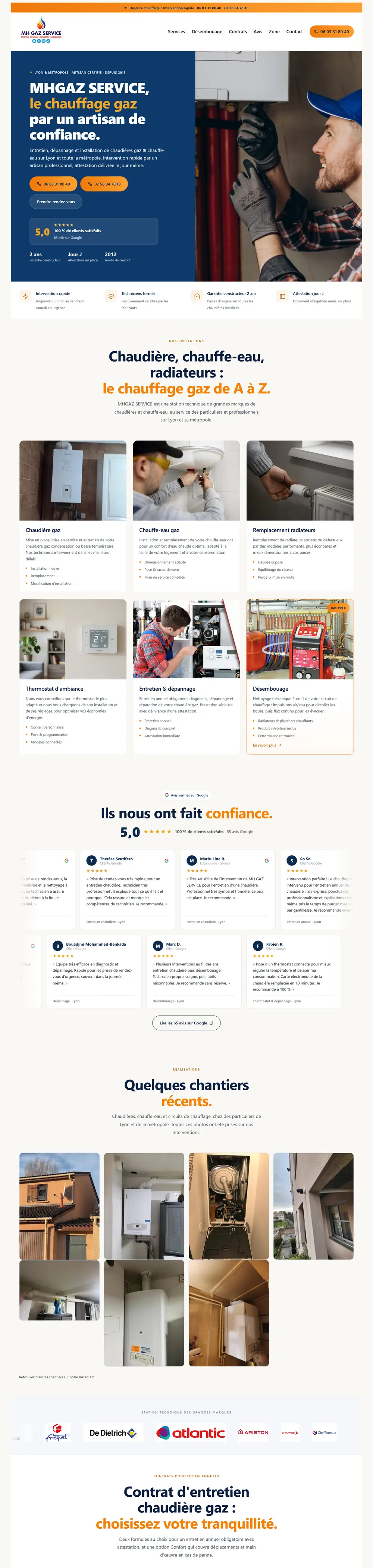 Page d'accueil du site d'un chauffagiste, livré et en ligne